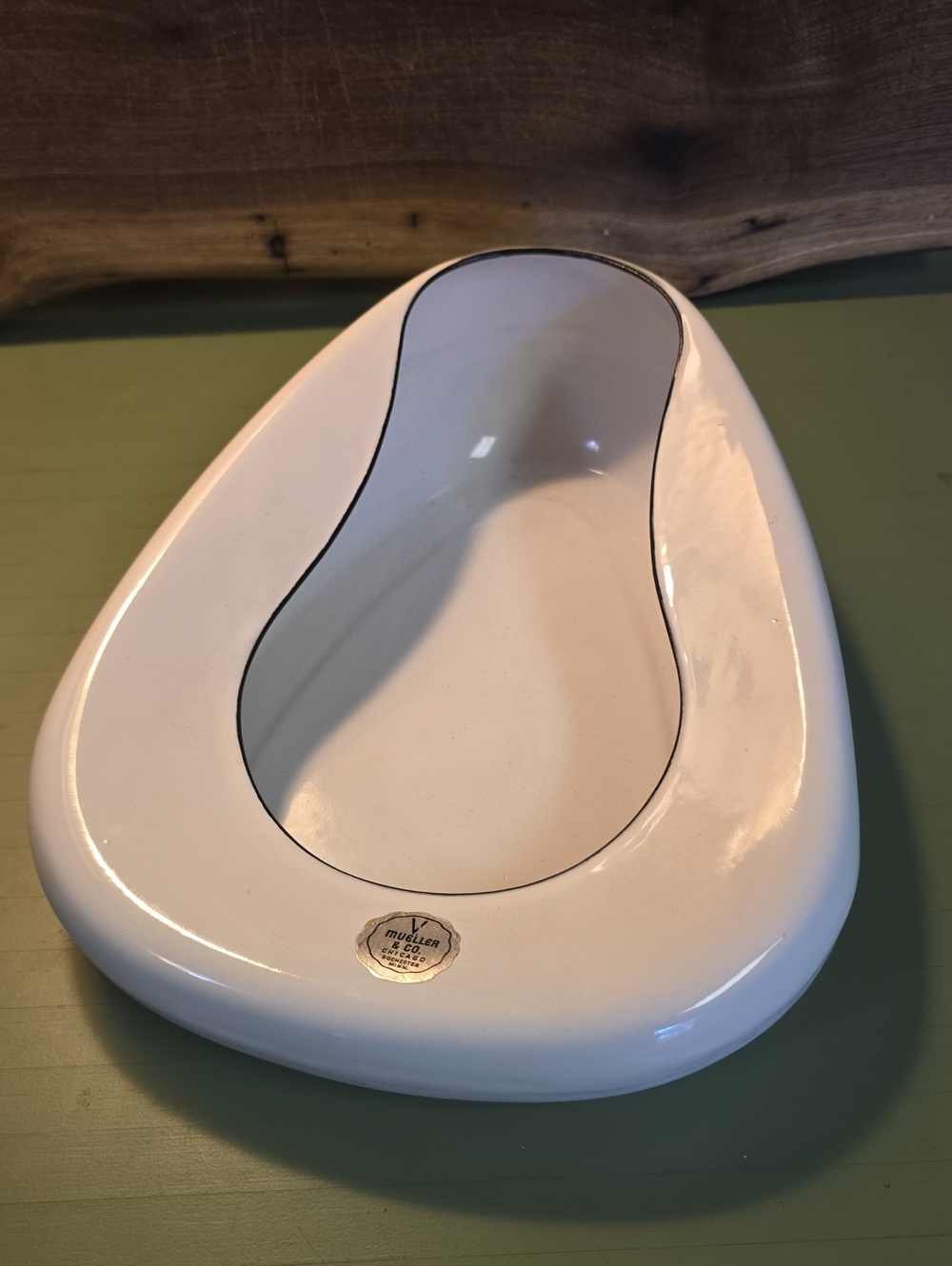 Vintage White Enamel Bedpan with Black Trim